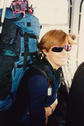 Peggy McKay in a Mt Elbrus aerial cable car
